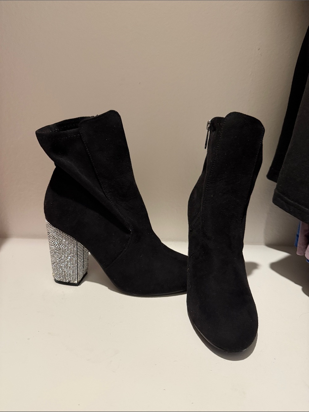 Daisy Fuentes Black Suede Ankle Boots with Rhinestone Block Heel